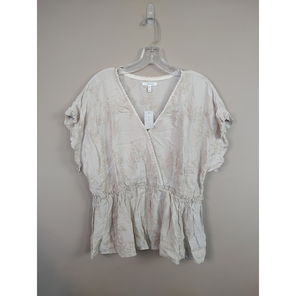 Maurices Womens XL Beige Floral Embroidered Ruffle Peplum Boho Blouse NWT